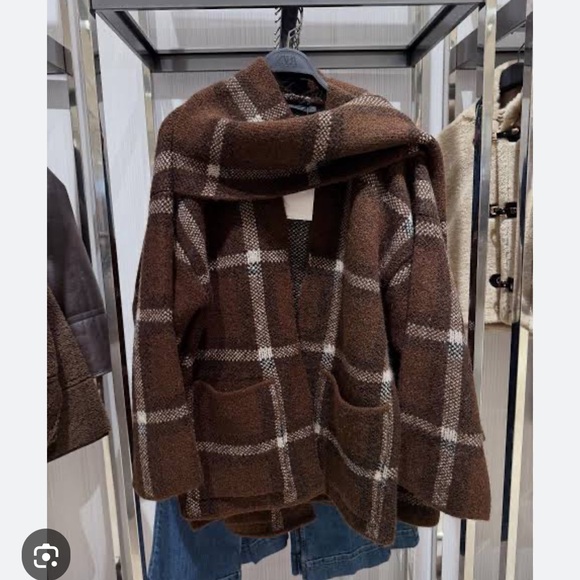 ZARA SHORT PLAID SCARF KNIT COAT - Picture 15 of 16
